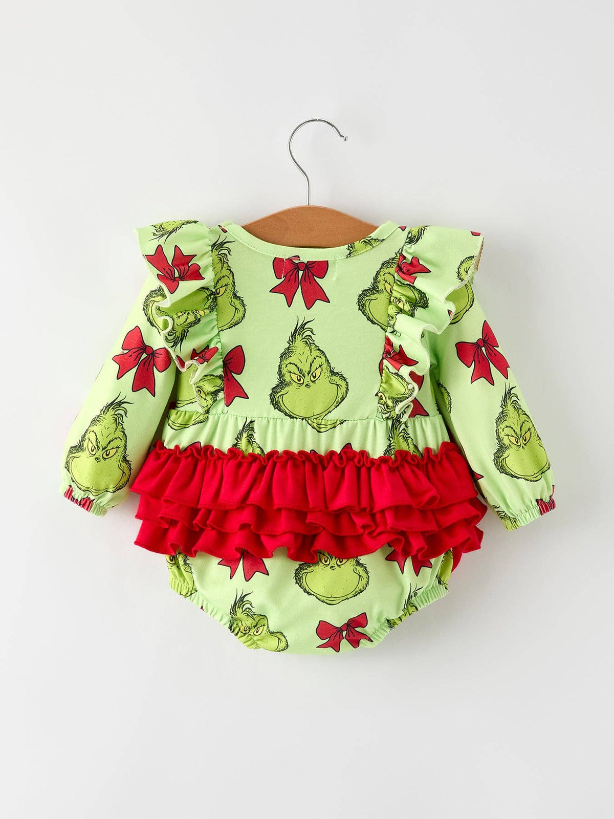 Grinch Christmas Baby Girls Romper with Character Print and Red Bows