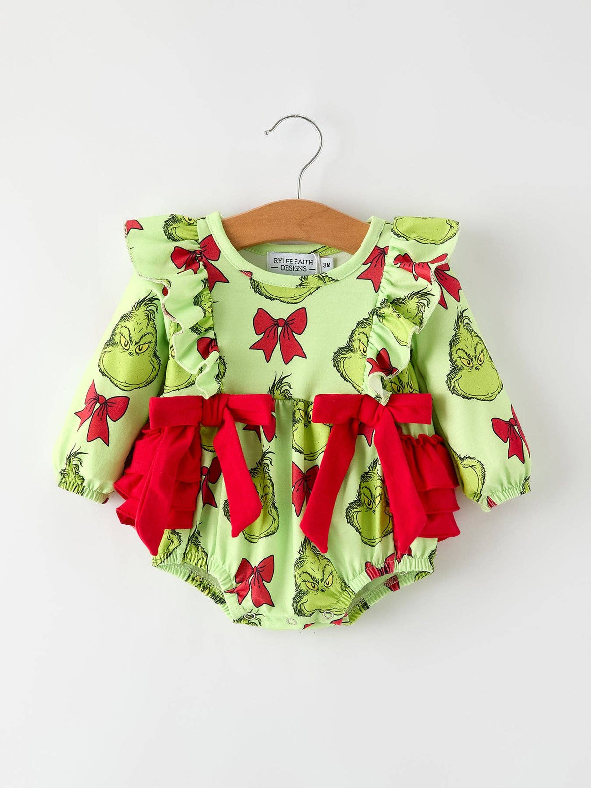 Grinch Christmas Baby Girls Romper with Character Print and Red Bows