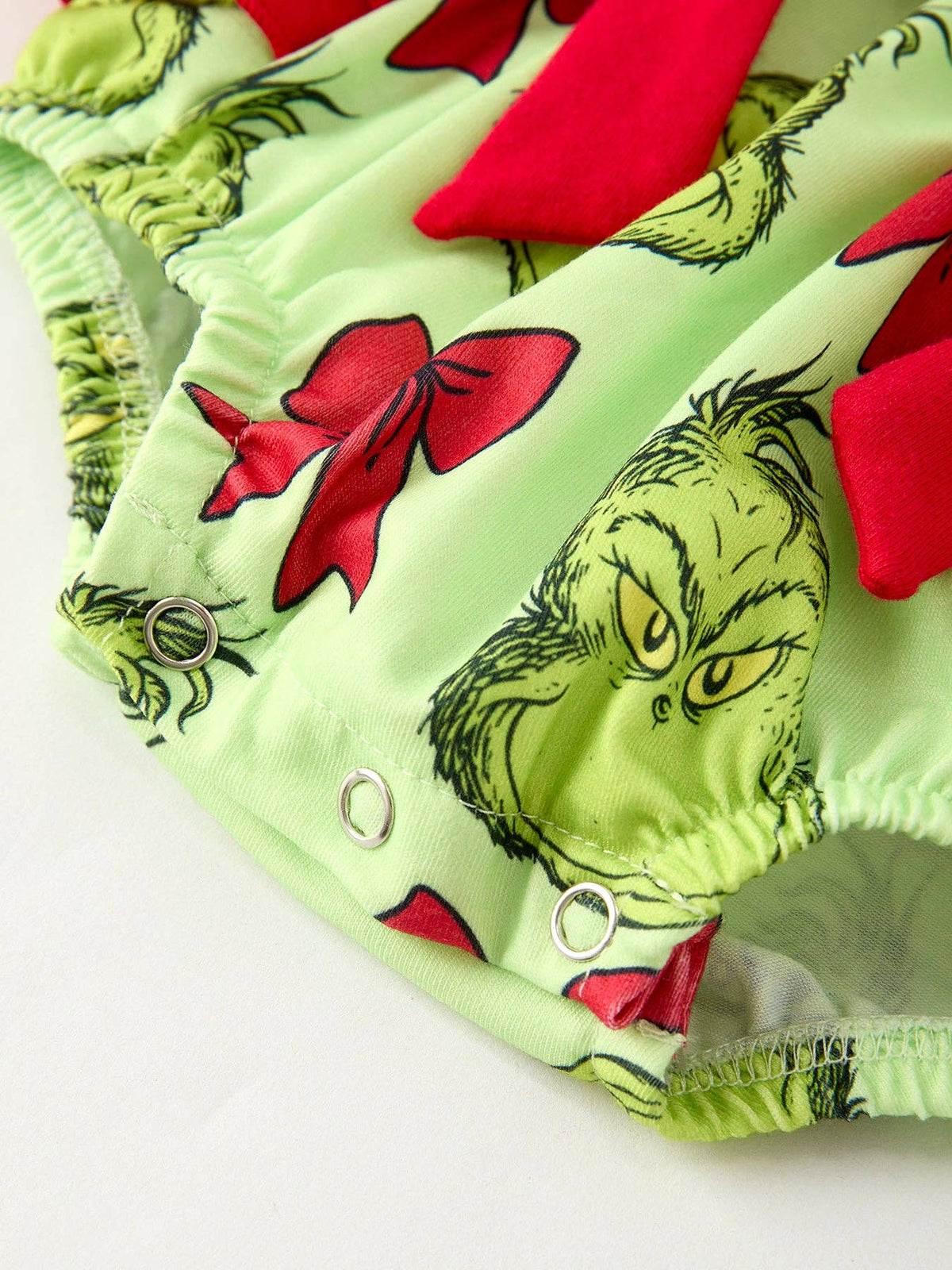 Grinch Christmas Baby Girls Romper with Character Print and Red Bows