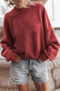 Solid Color Drop Shoulder Crew Neck Pullover Sweatshirt: Red