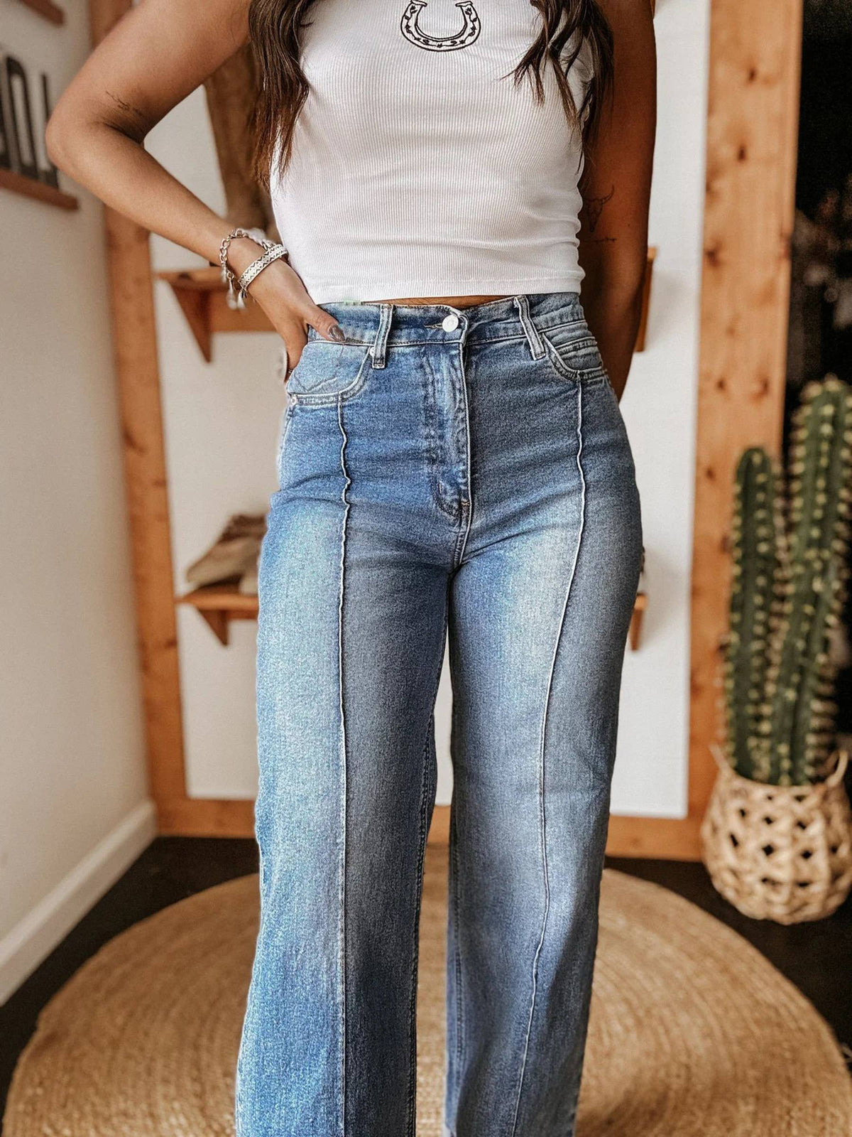 Casual Stretch Mid Waist Straight Leg Jeans: Blue / M