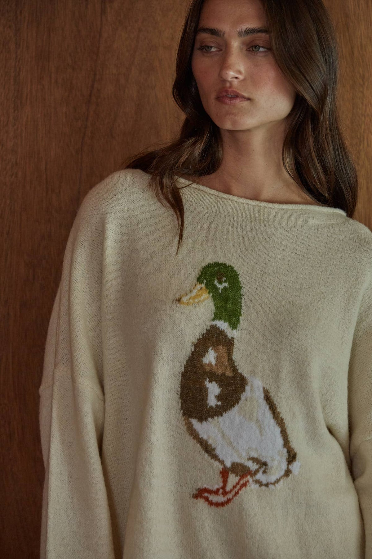 Knit Sweater Graphic Duck Animal Print Pullover: Cream / M