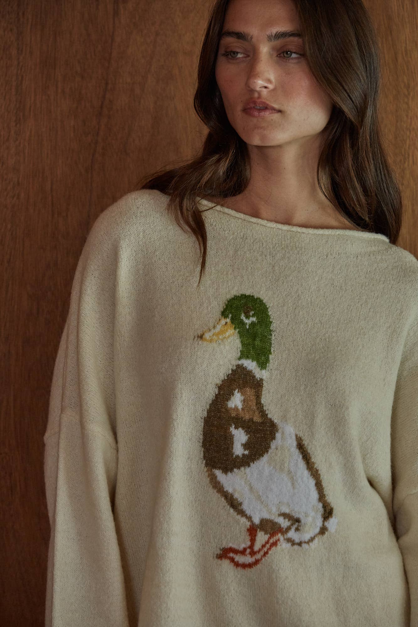 Knit Sweater Graphic Duck Animal Print Pullover: Cream / S