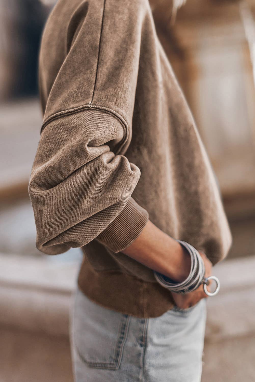Solid Color Drop Shoulder Crew Neck Pullover Sweatshirt: Brown