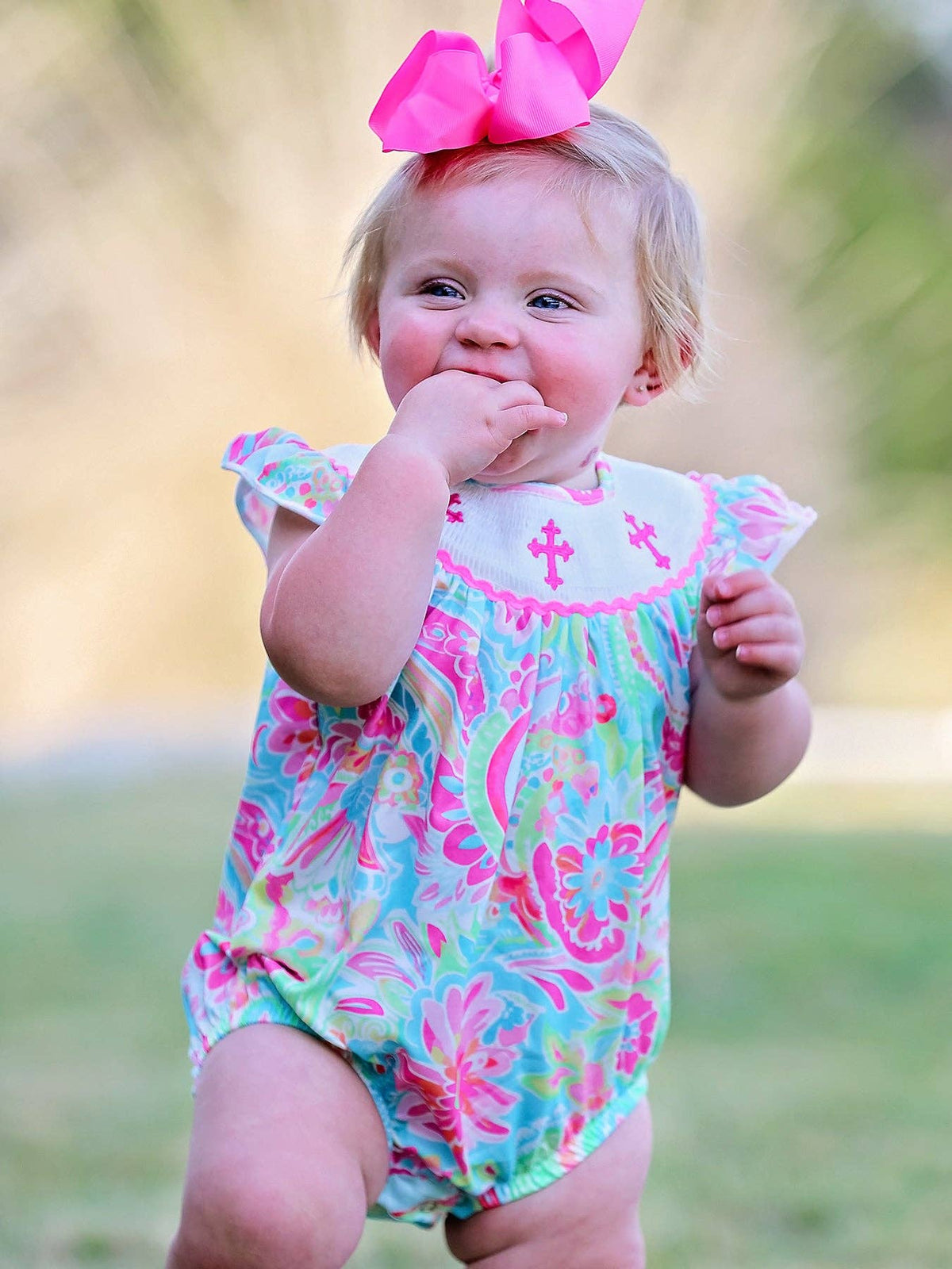 Cross Smocking Embroidery Baby Girl Romper: 3M