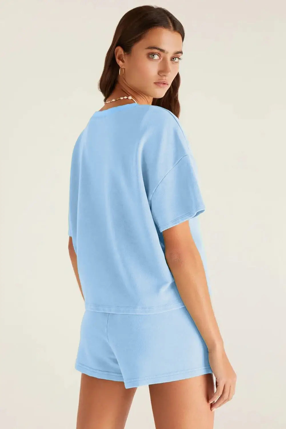 Mint Green V Neck Drop Shoulder Tee and Patchwork Drawstring Shorts Set: Bonbon / 70%Polyester+25%Cotton+5%Elastane / L