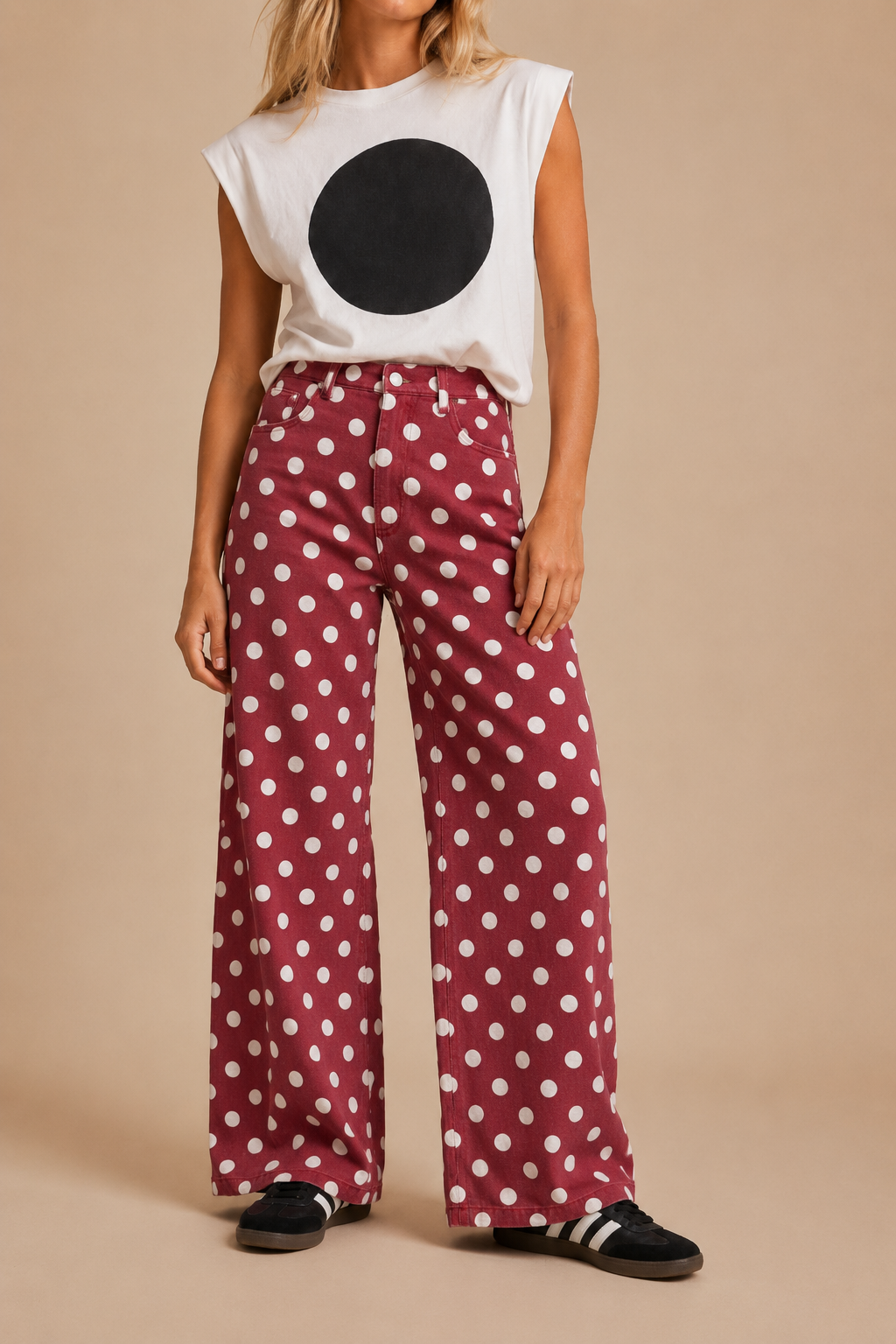 POLKDADOT DENIM RELAXED FIT JEANS: Burgundy