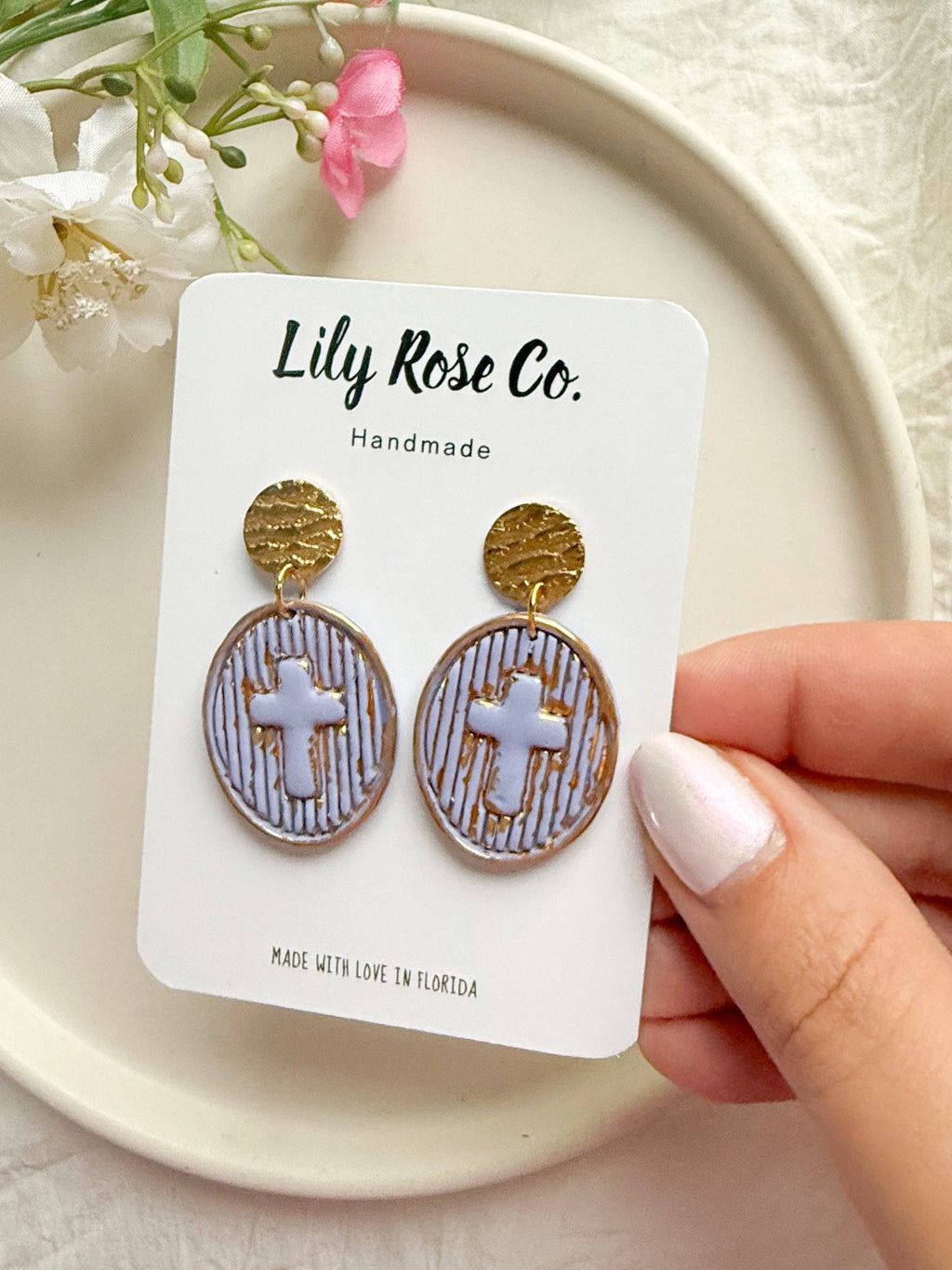 Cross Earrings: Tan