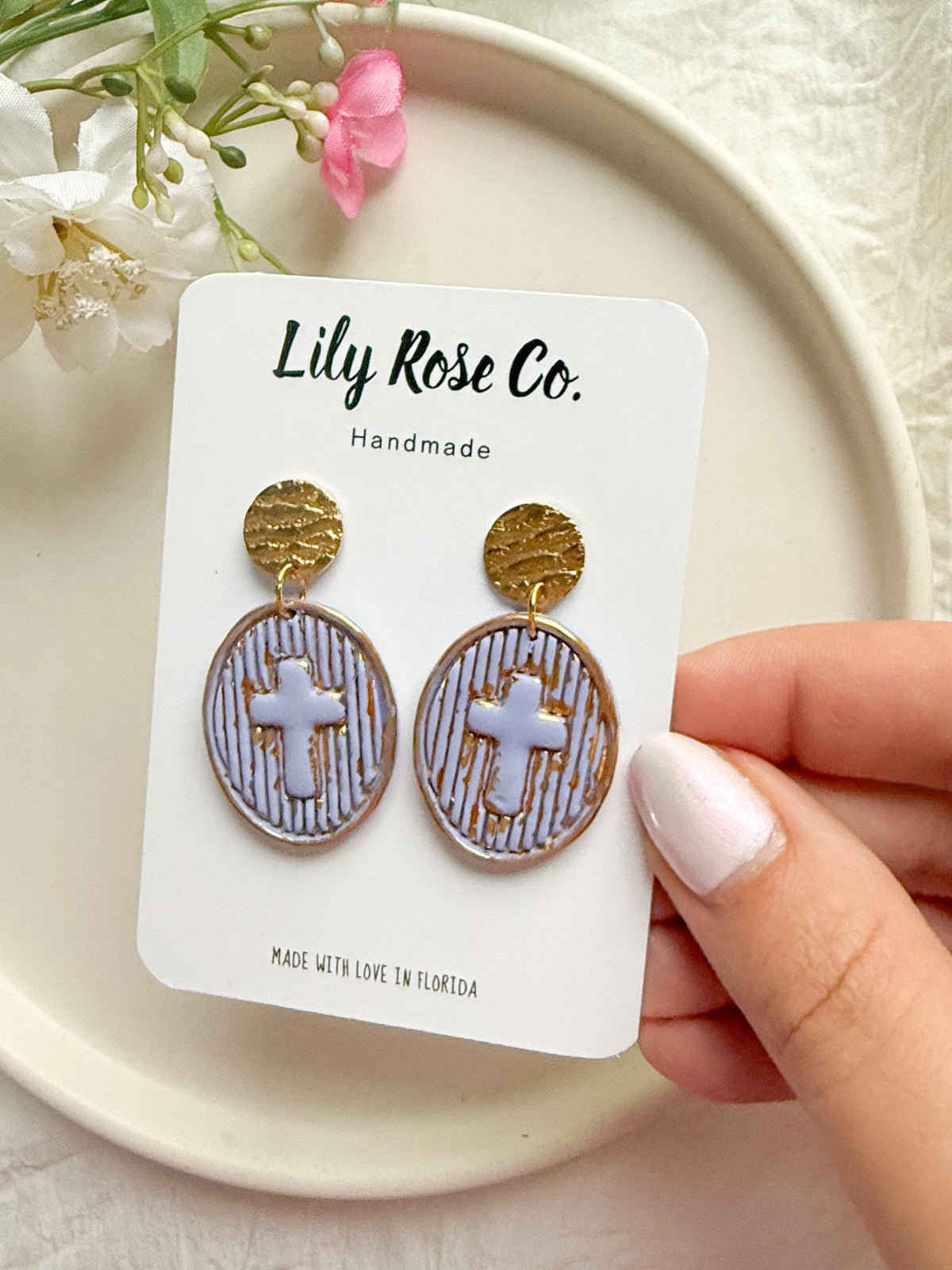 Cross Earrings: Tan