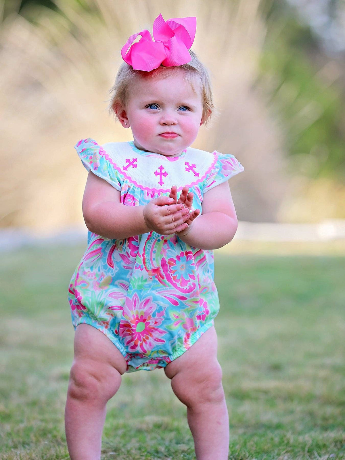 Cross Smocking Embroidery Baby Girl Romper: 3M