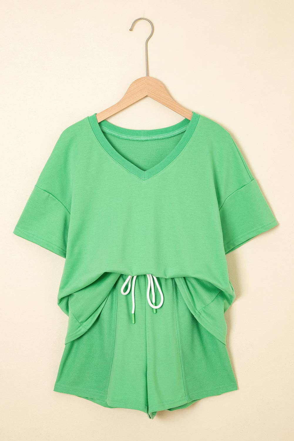 Mint Green V Neck Drop Shoulder Tee and Patchwork Drawstring Shorts Set: Bonbon / 70%Polyester+25%Cotton+5%Elastane / M