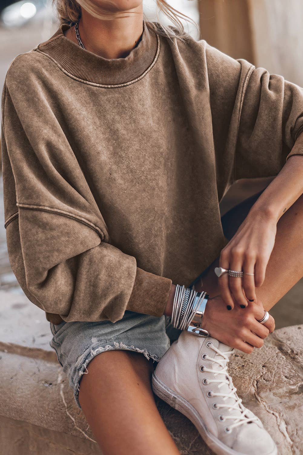 Solid Color Drop Shoulder Crew Neck Pullover Sweatshirt: Brown