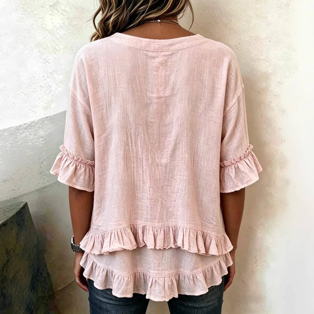 Ruffle Hem V-Neck Blouse with Short Flounce Sleeves: Pink / 100%Polyester