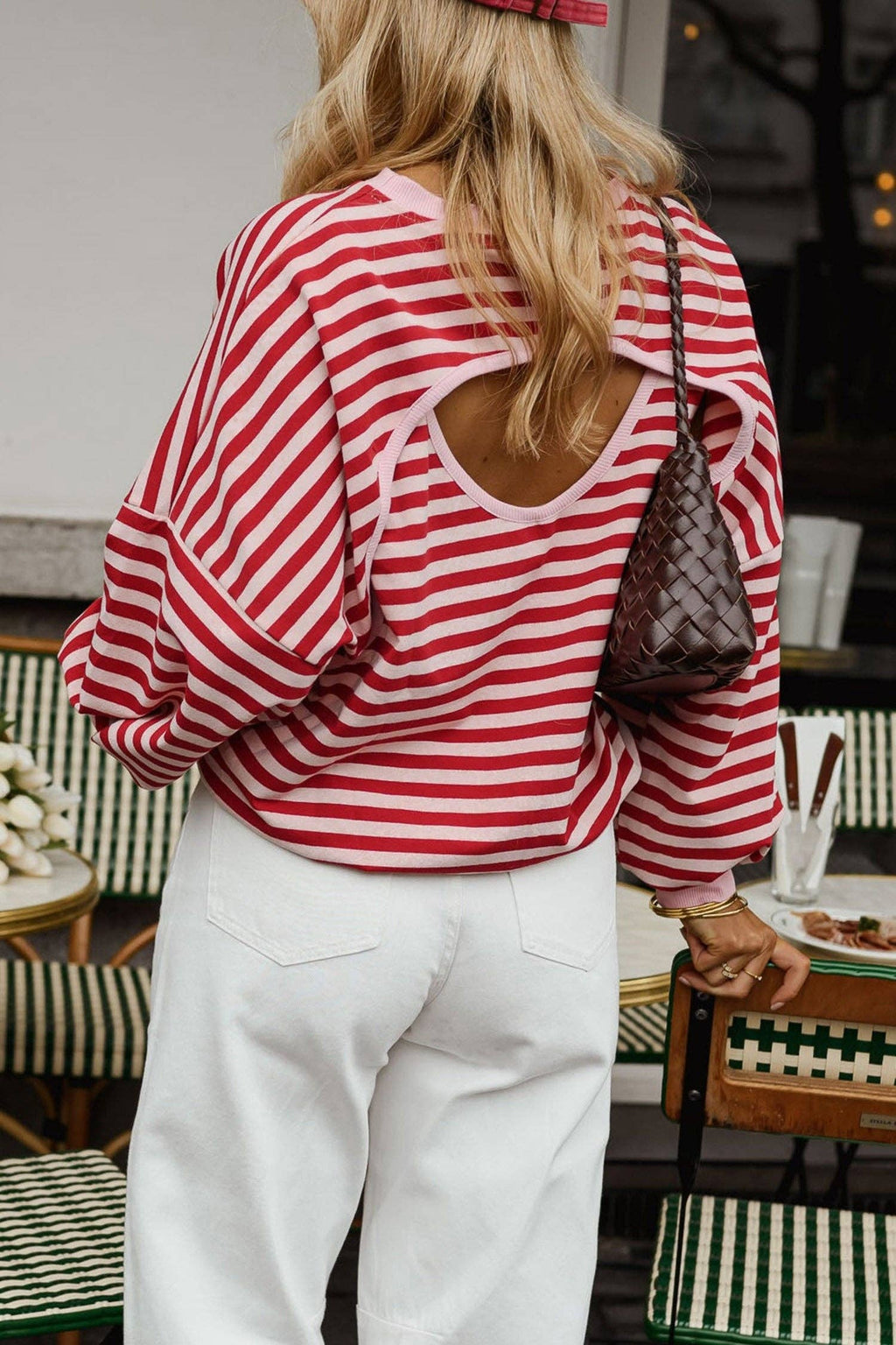 Red Stripe Cutout Open Back Long Sleeve Loose Top: Red Stripe