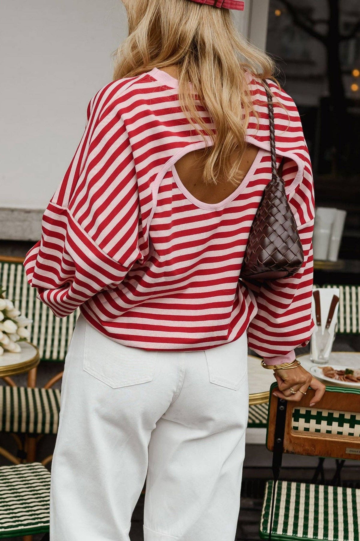 Red Stripe Cutout Open Back Long Sleeve Loose Top: Red Stripe