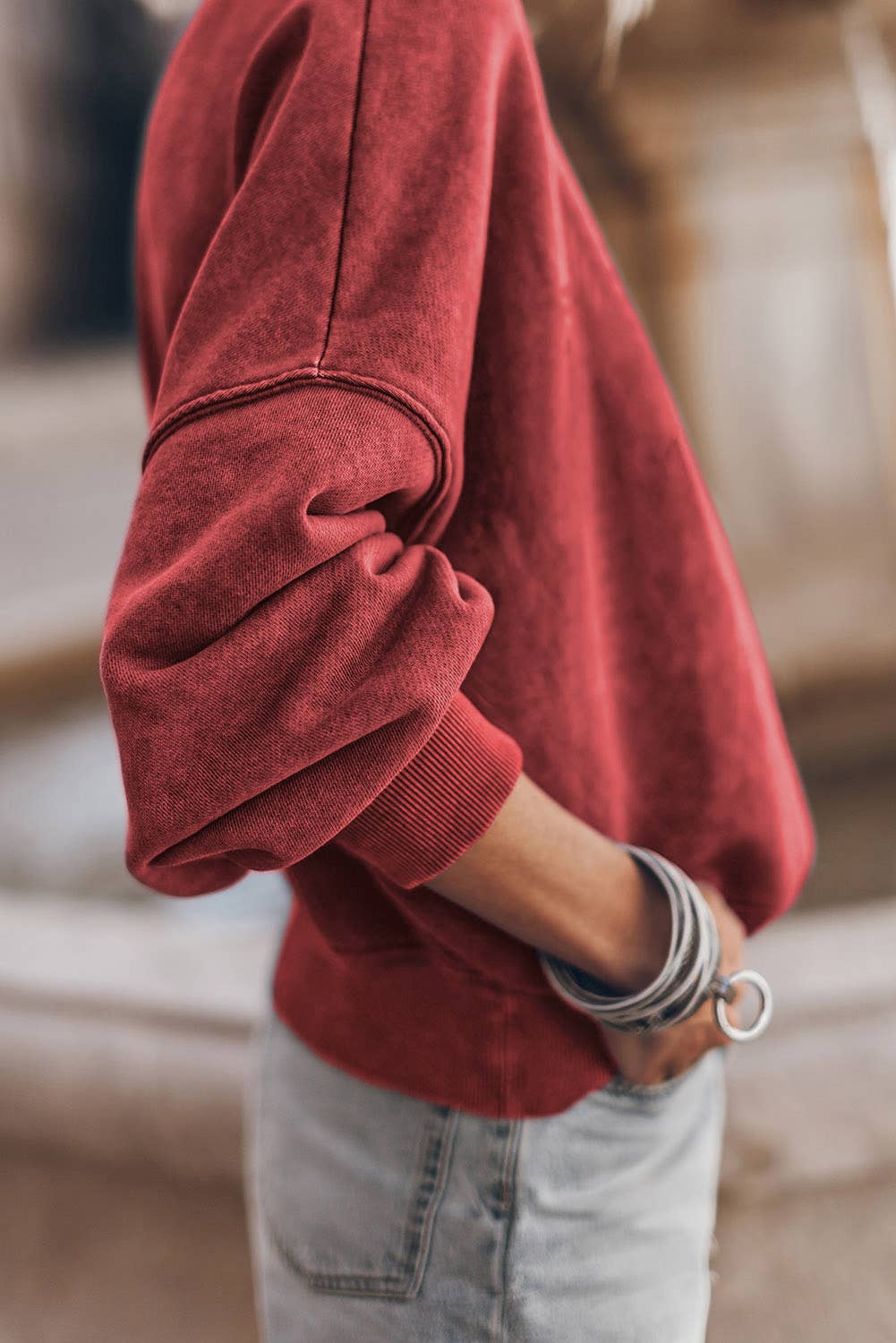 Solid Color Drop Shoulder Crew Neck Pullover Sweatshirt: Red