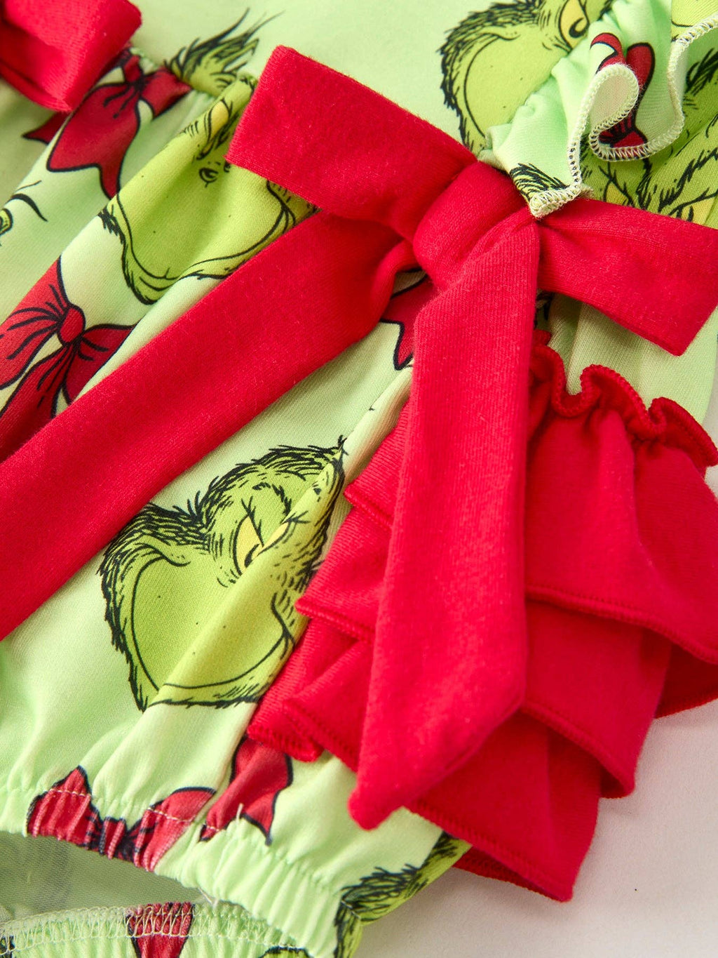 Grinch Christmas Baby Girls Romper with Character Print and Red Bows