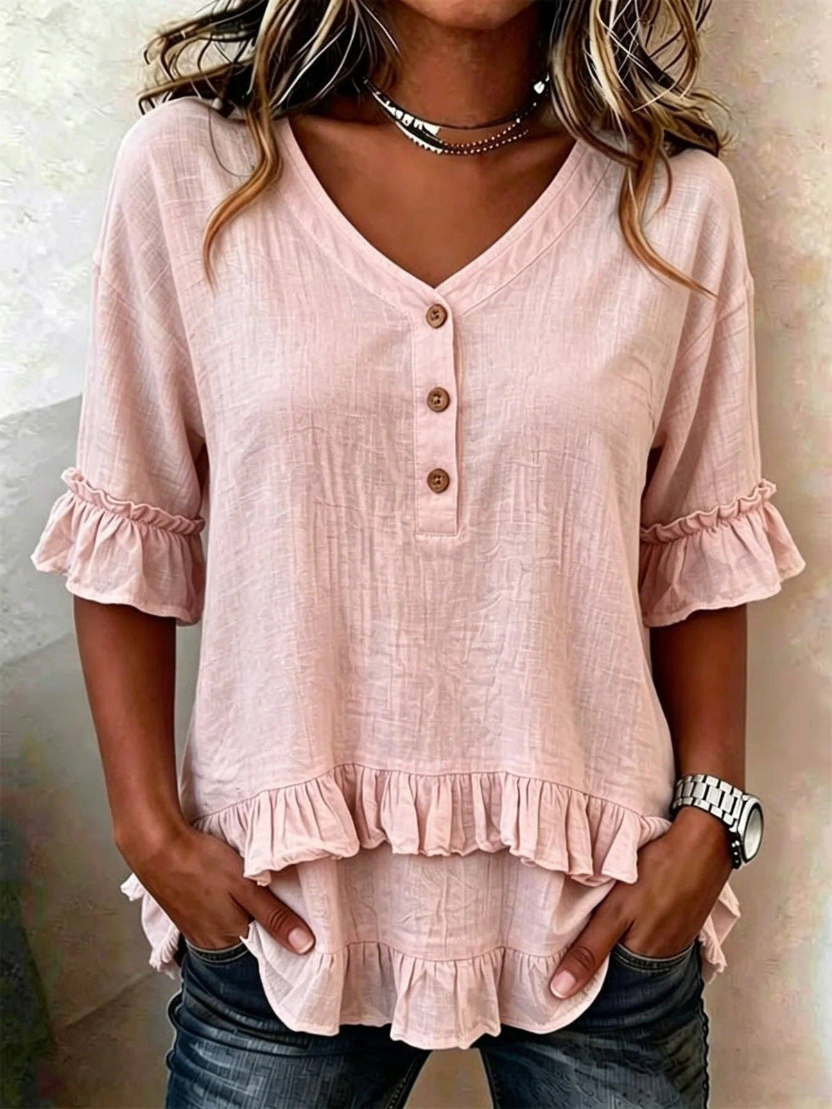Ruffle Hem V-Neck Blouse with Short Flounce Sleeves: Pink / 100%Polyester