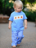 Fall Thanksgiving& Halloween Blue Pumpkin Smock Embroidery Baby Boy'Set: 3