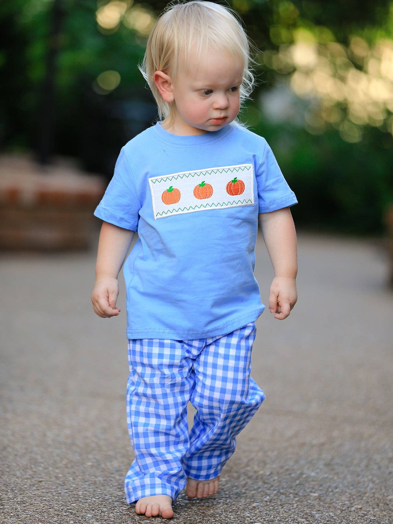 Fall Thanksgiving& Halloween Blue Pumpkin Smock Embroidery Baby Boy'Set: 4