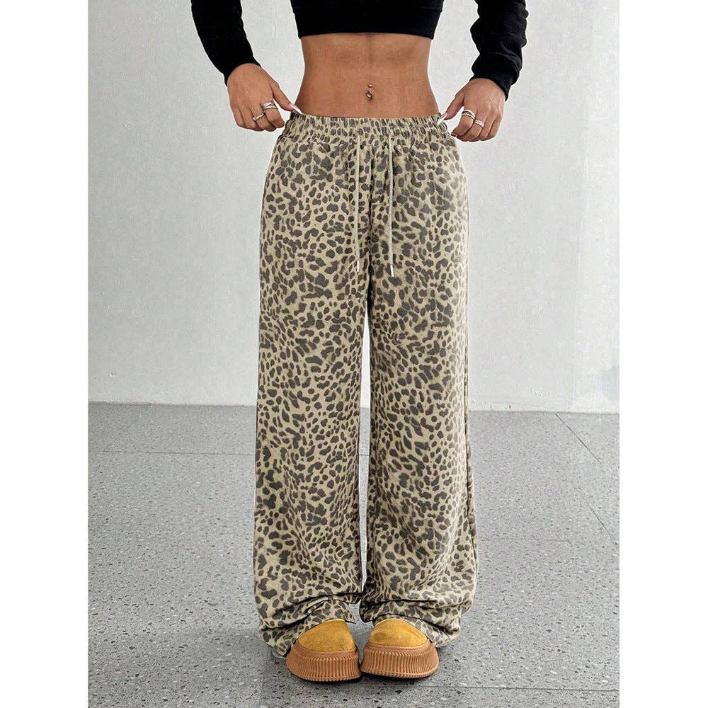Plaid Wide Leg Drawstring Lounge Pants: Light Leopard