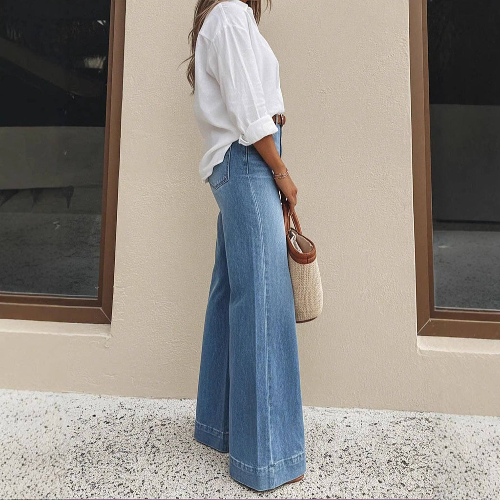 Washed Denim Wide Leg Jeans High Rise Relaxed Fit: Denim Blue / 100%Polyester / L