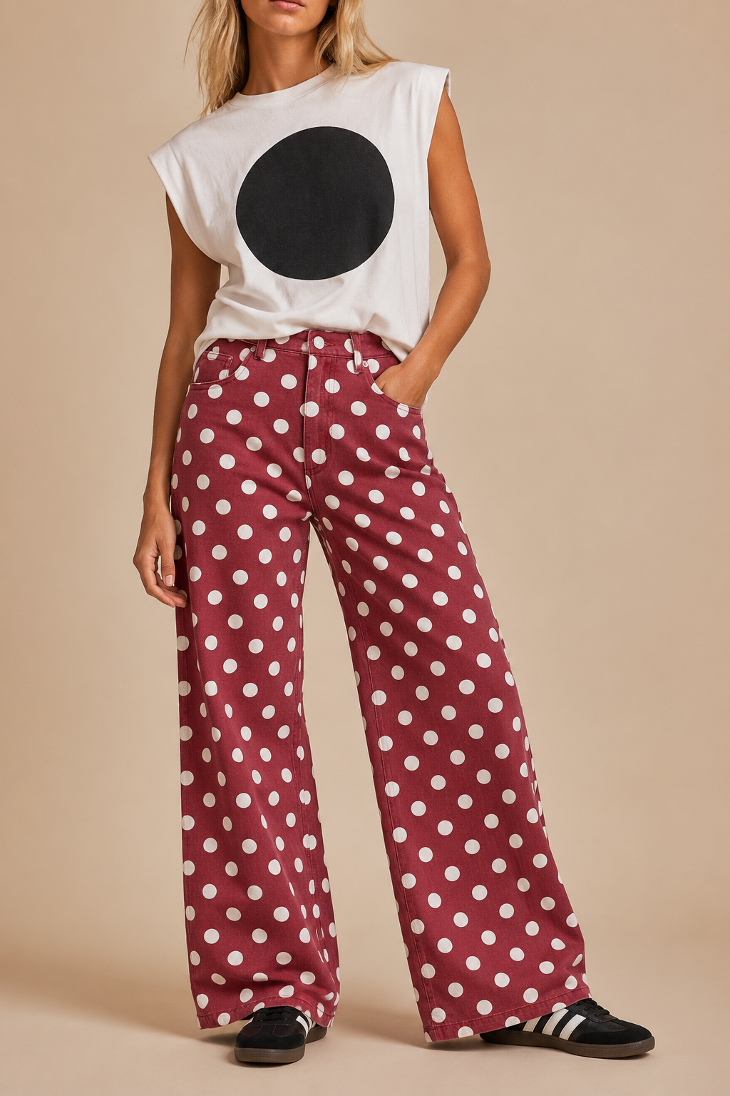 POLKDADOT DENIM RELAXED FIT JEANS: Burgundy