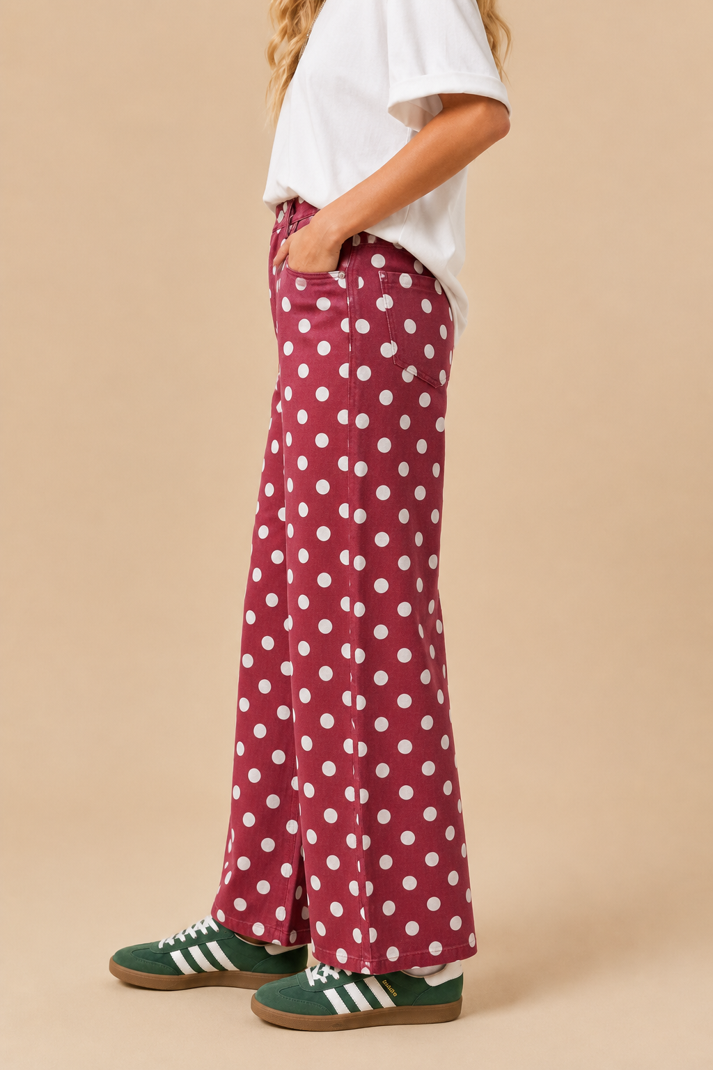 POLKDADOT DENIM RELAXED FIT JEANS: Burgundy