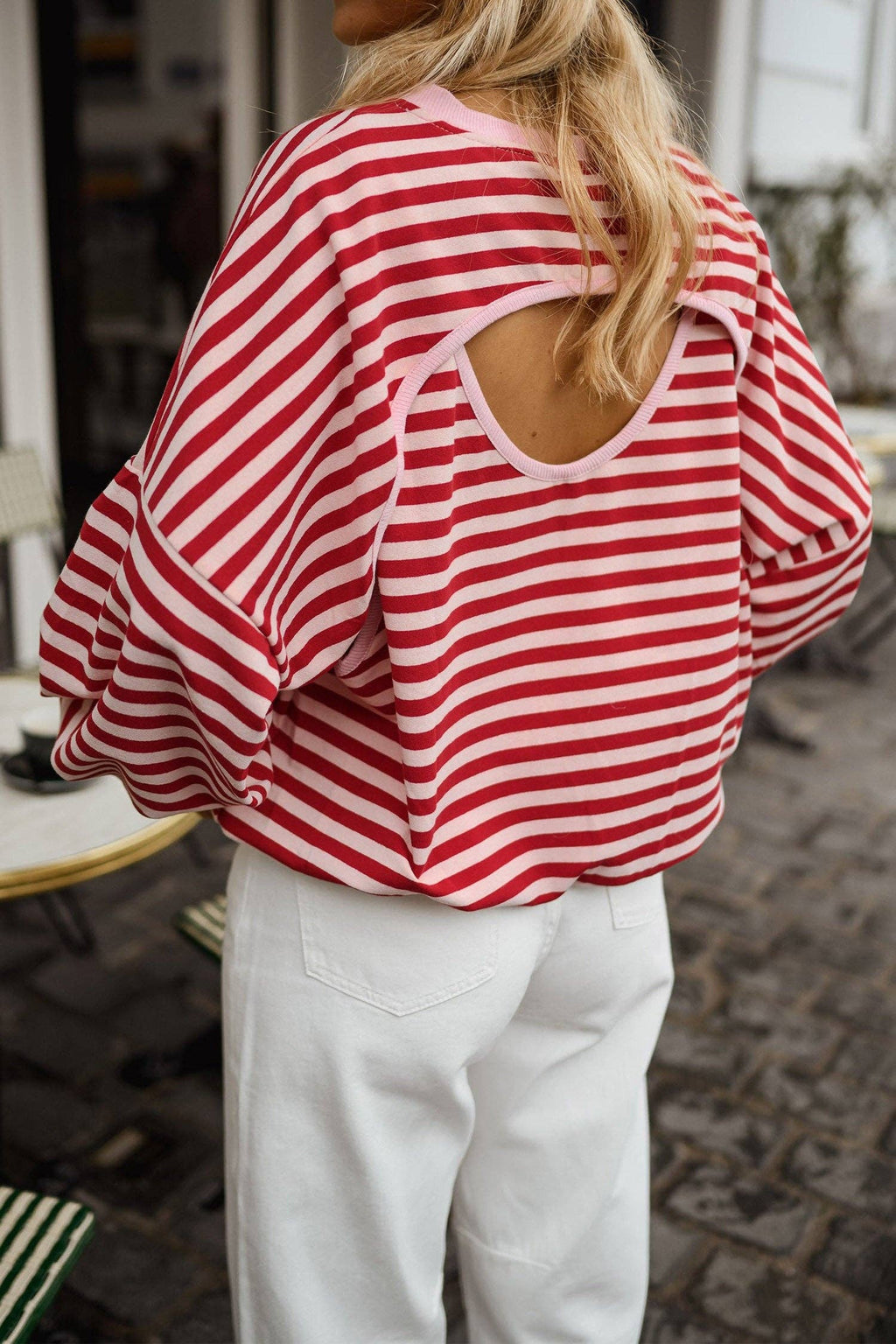 Red Stripe Cutout Open Back Long Sleeve Loose Top: Red Stripe