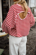 Red Stripe Cutout Open Back Long Sleeve Loose Top: Red Stripe