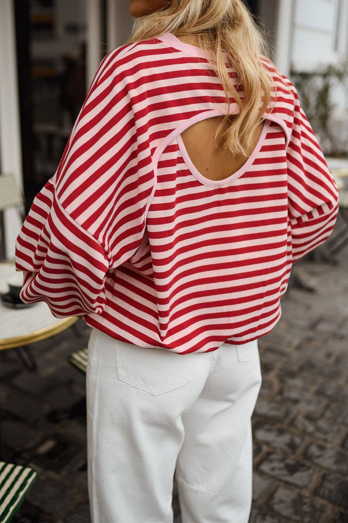 Red Stripe Cutout Open Back Long Sleeve Loose Top: Red Stripe
