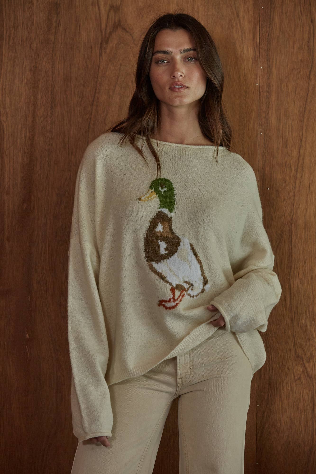 Knit Sweater Graphic Duck Animal Print Pullover: Cream / M