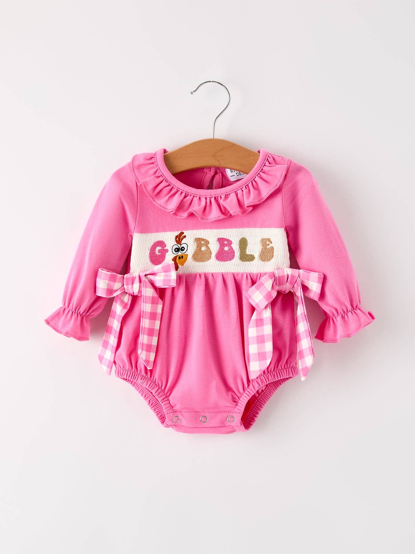 Fall Thanksgiving "GOBBLE" Smock Embroidery Baby Girl Romper: 3M