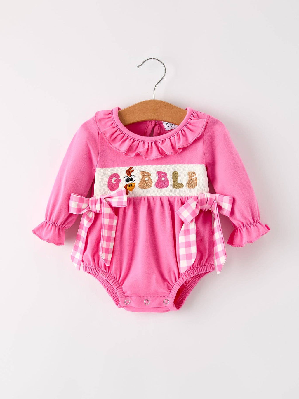 Fall Thanksgiving "GOBBLE" Smock Embroidery Baby Girl Romper: 18M