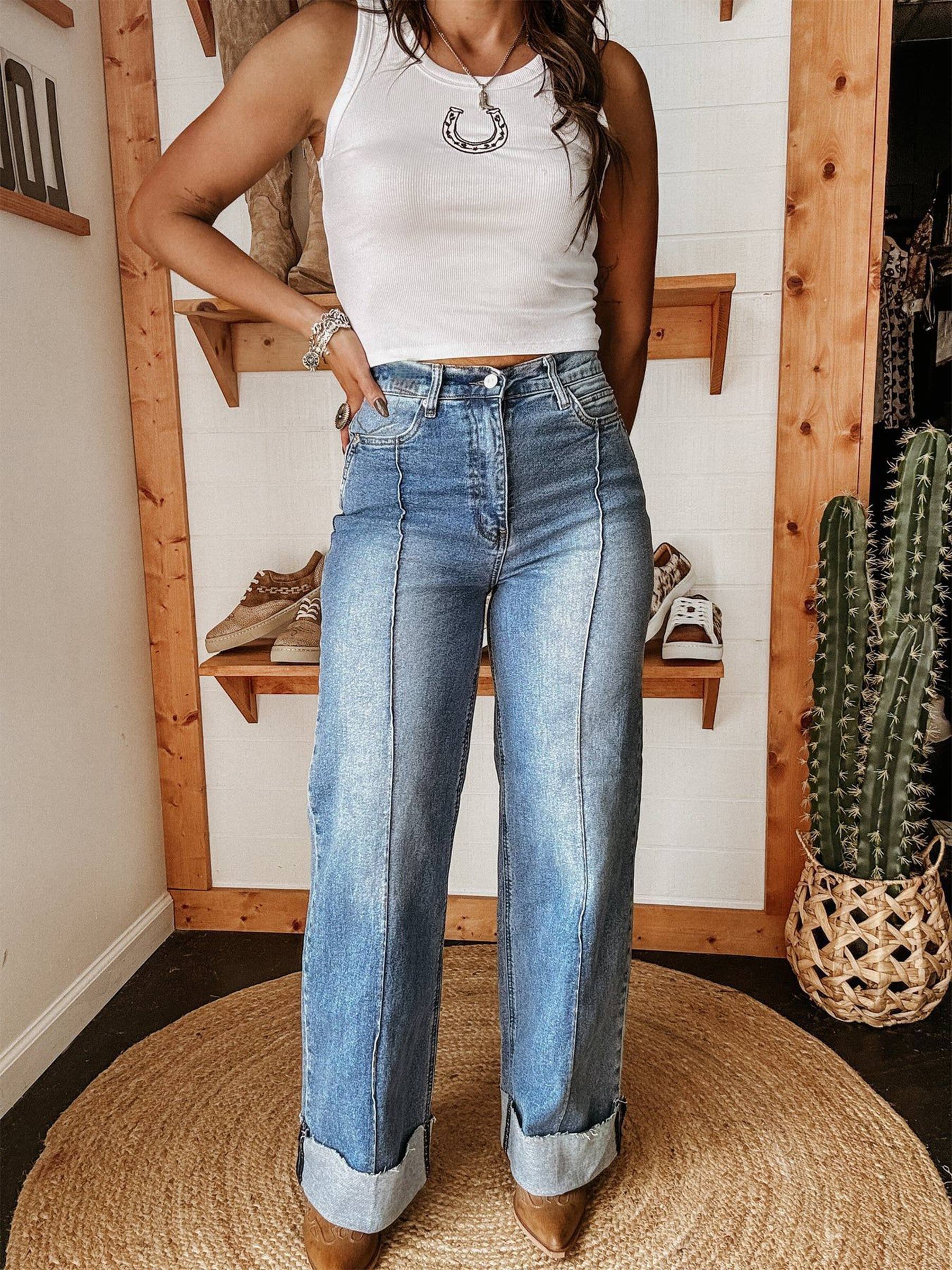 Casual Stretch Mid Waist Straight Leg Jeans: Blue / S