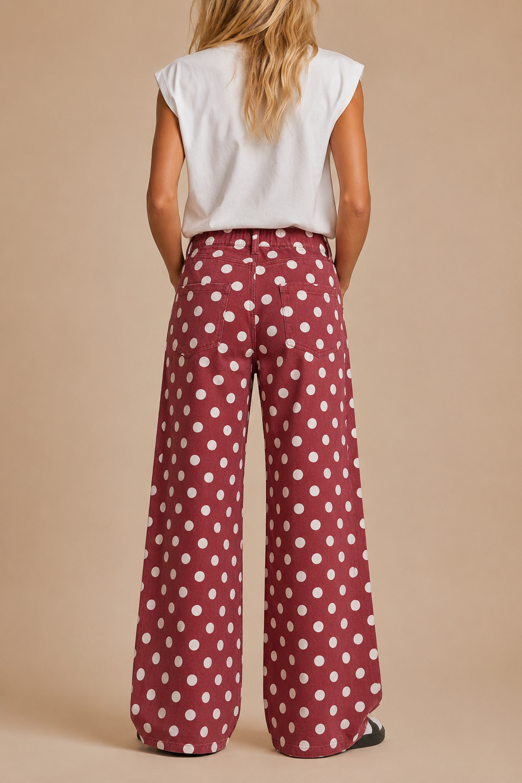 POLKDADOT DENIM RELAXED FIT JEANS: Burgundy