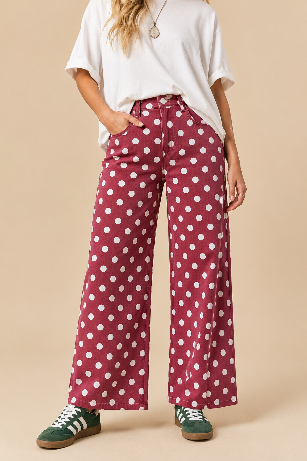 POLKDADOT DENIM RELAXED FIT JEANS: Burgundy