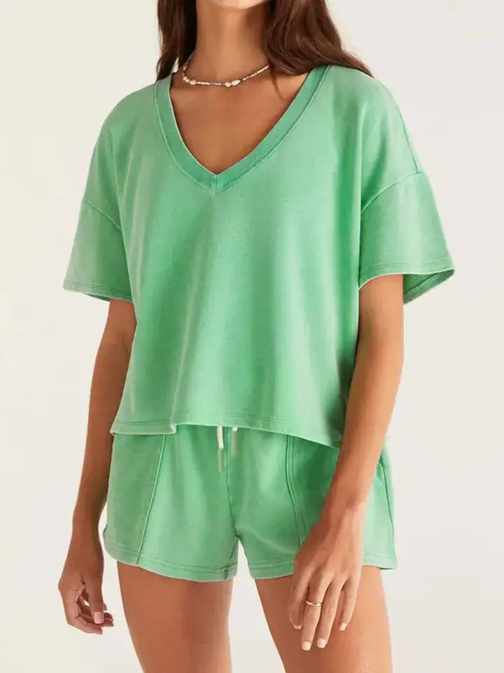 Mint Green V Neck Drop Shoulder Tee and Patchwork Drawstring Shorts Set: Bonbon / 70%Polyester+25%Cotton+5%Elastane / M