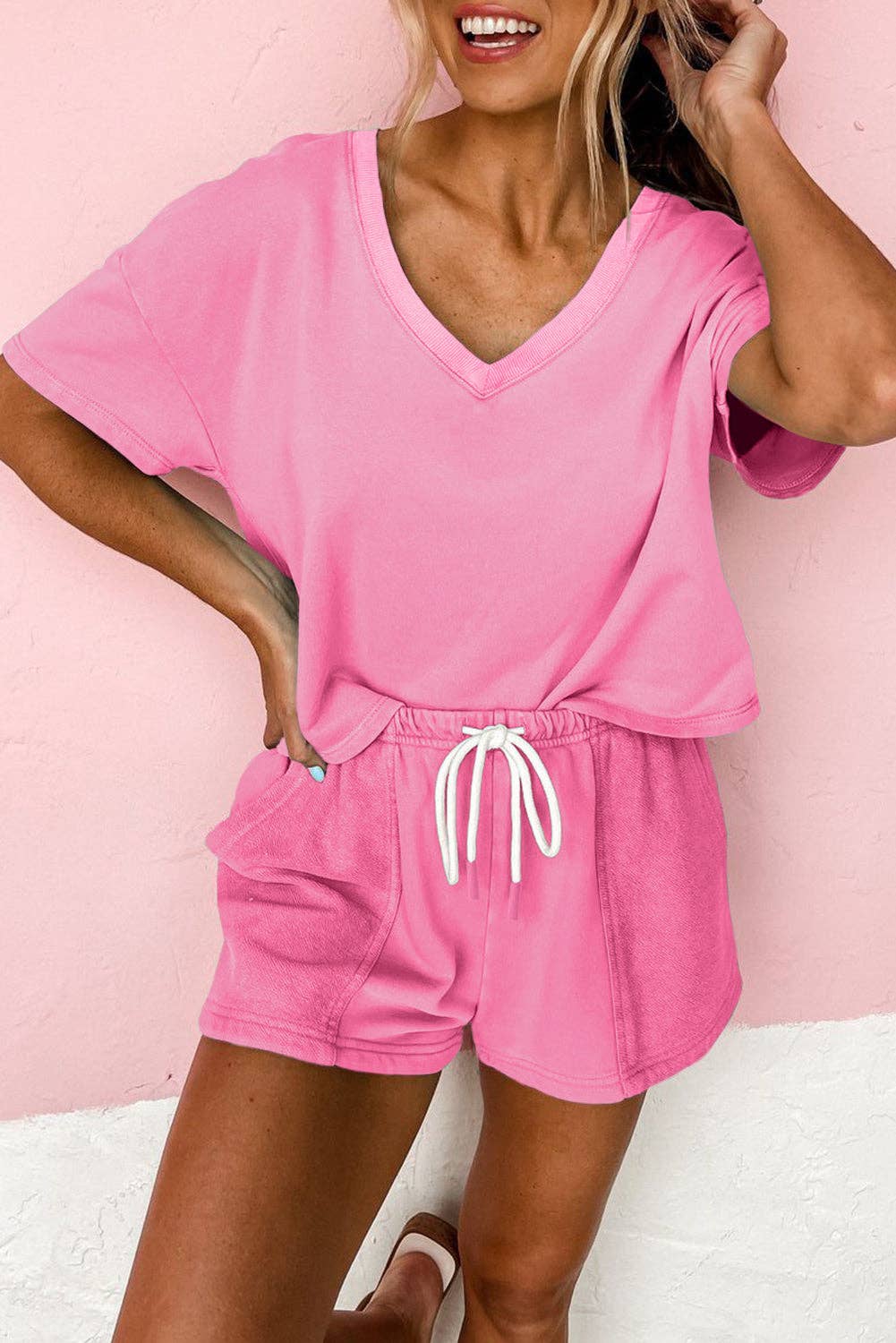 1V Neck Drop Shoulder Tee and Patchwork Drawstring Shorts Set: