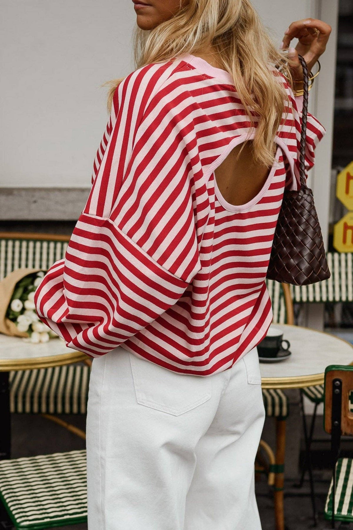 Red Stripe Cutout Open Back Long Sleeve Loose Top: Red Stripe