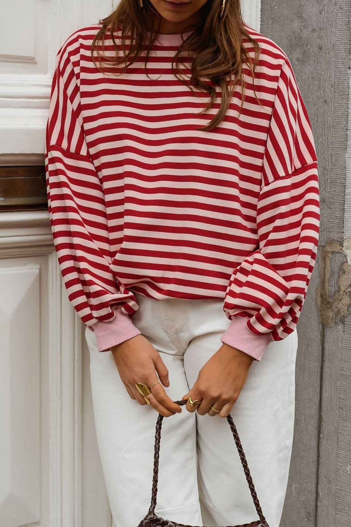 Red Stripe Cutout Open Back Long Sleeve Loose Top: Red Stripe