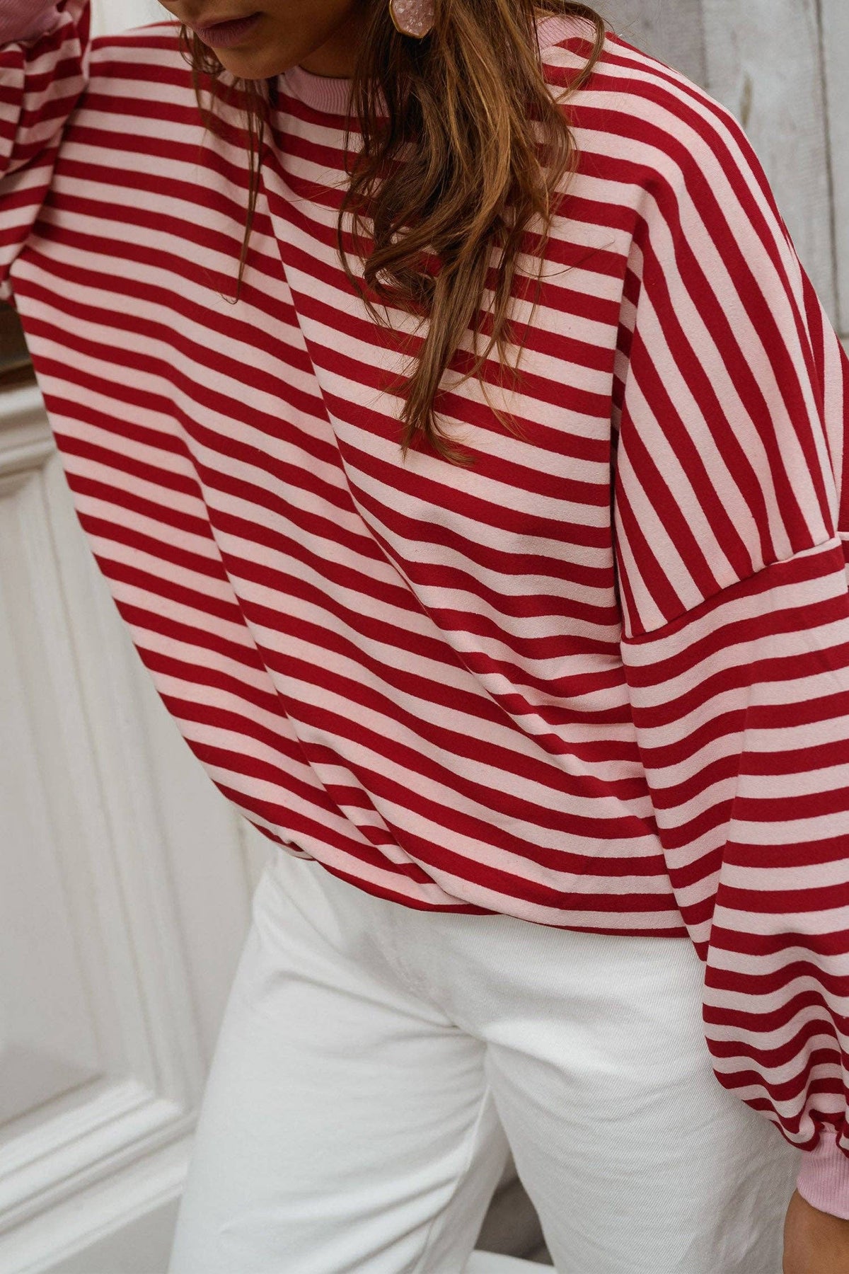 Red Stripe Cutout Open Back Long Sleeve Loose Top: Red Stripe