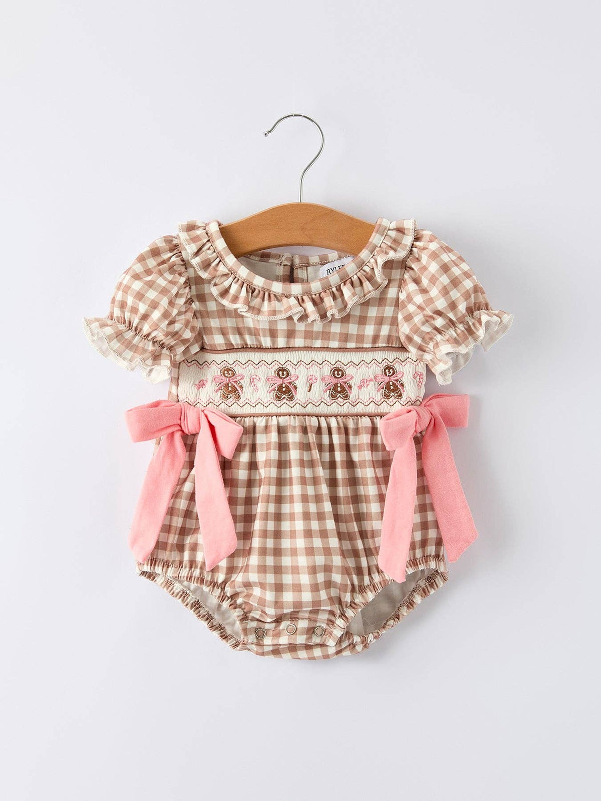 Christmas Vintage-Style Plaid Embroidered Gingerbread and Bows Girls Romper: 18M