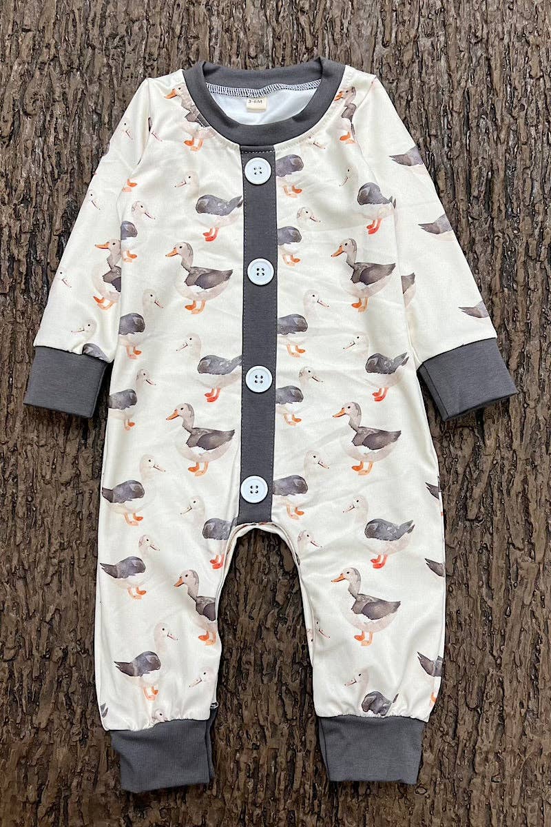 Gray Duck printed baby romper with snaps.