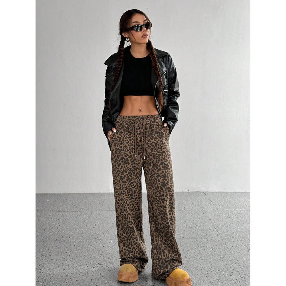 Plaid Wide Leg Drawstring Lounge Pants: Light Leopard