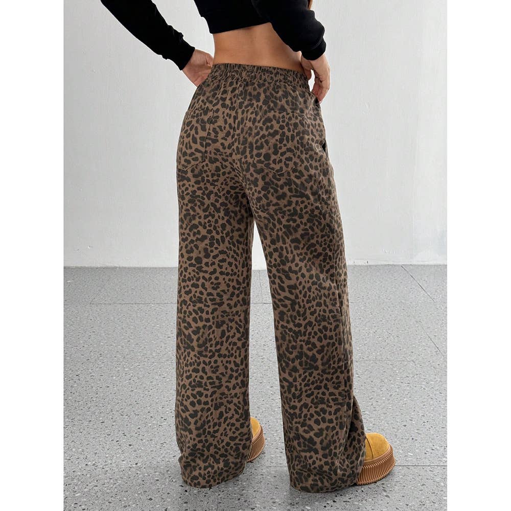 Plaid Wide Leg Drawstring Lounge Pants: Light Leopard