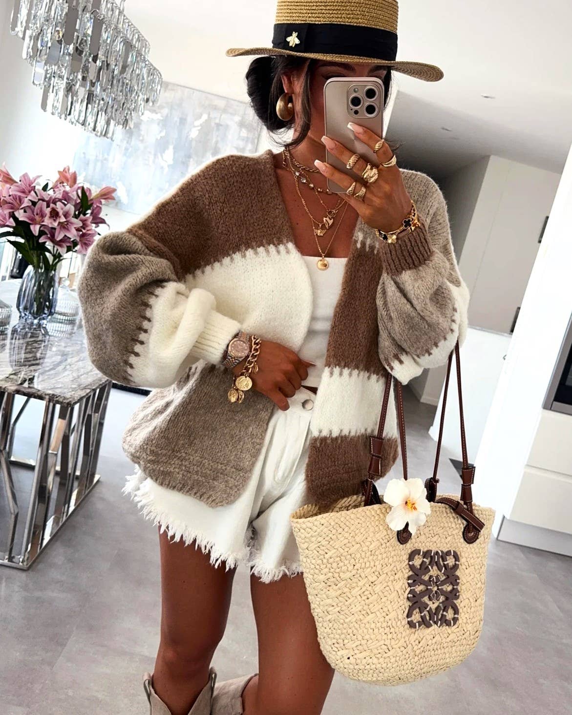 Patchwork Color-Block Contrast Lines Knit Cardigan: Brown