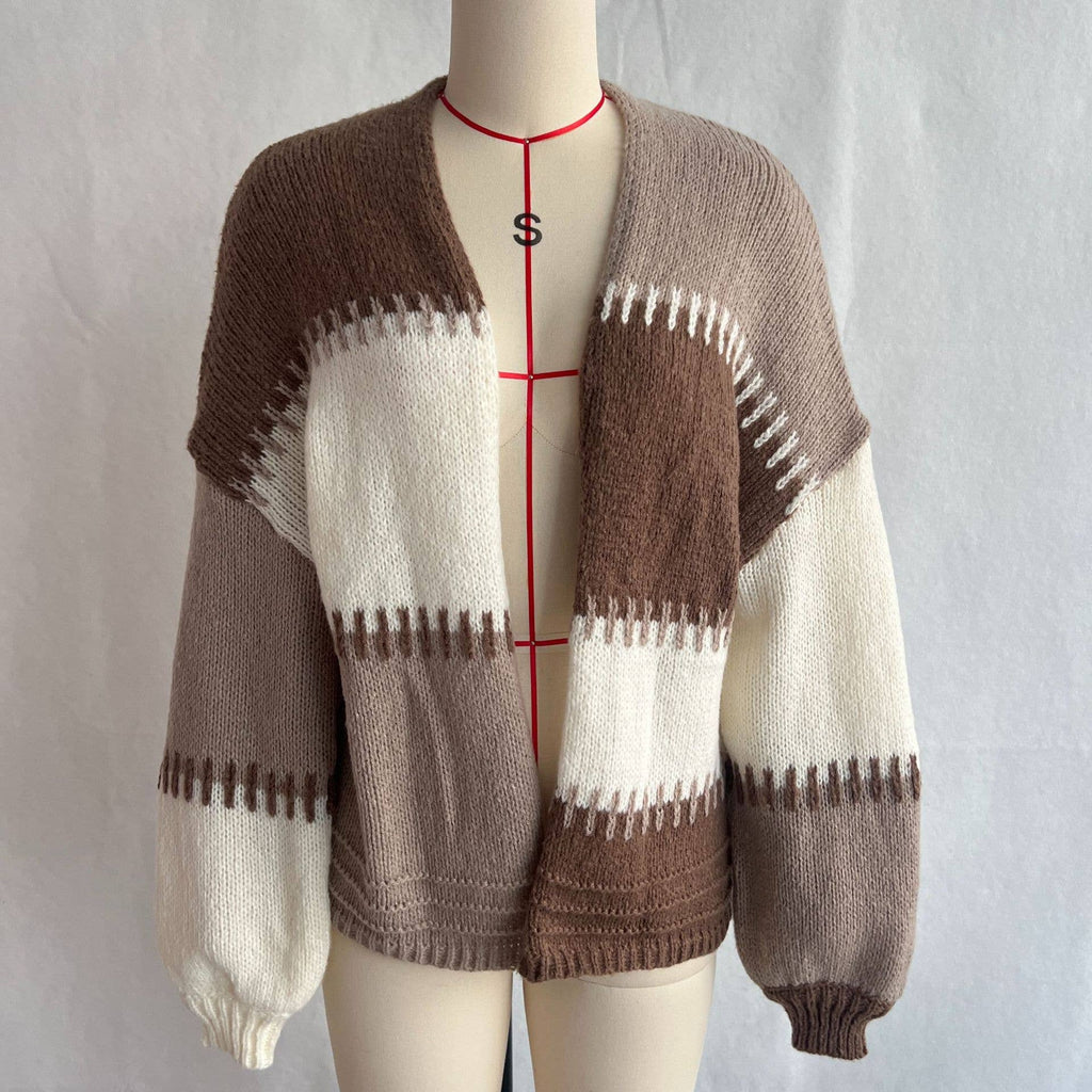 Patchwork Color-Block Contrast Lines Knit Cardigan: Brown