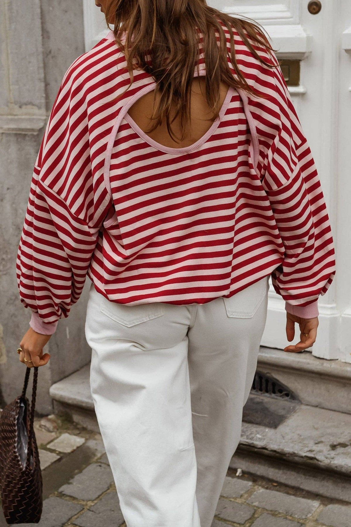 Red Stripe Cutout Open Back Long Sleeve Loose Top: Red Stripe