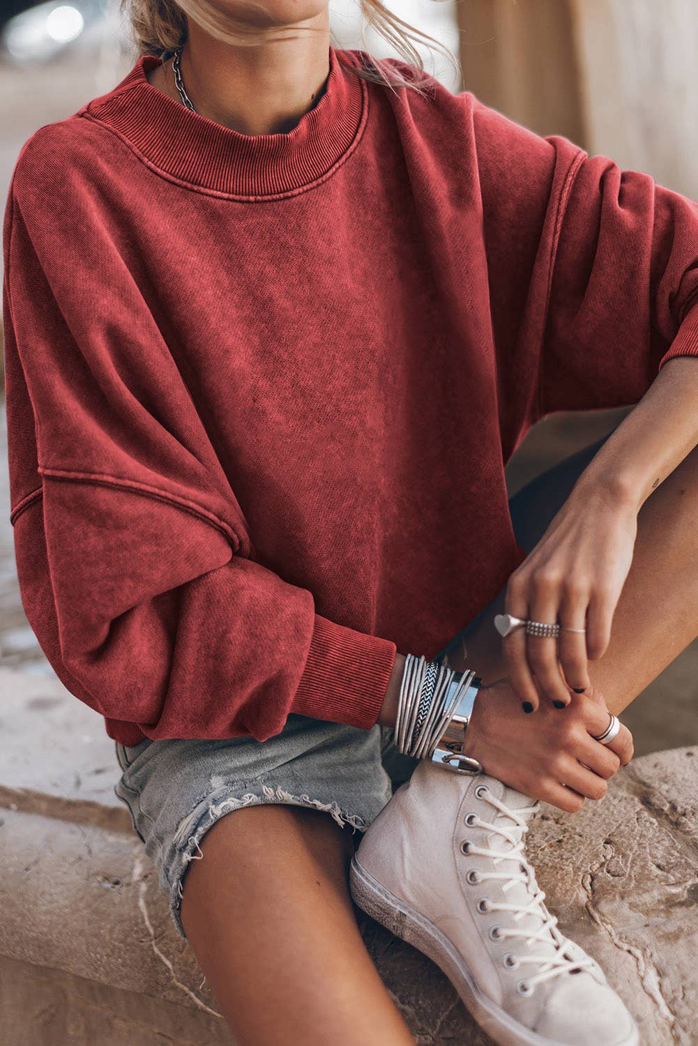 Solid Color Drop Shoulder Crew Neck Pullover Sweatshirt: Red